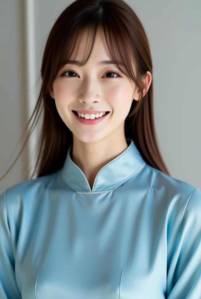 A close up portrait of a young woman with bangs, long hair,captured in a minimalist setting. She is joyfully smiling. Wearing a elegant sky-blue colored hanfu.  Random posing.