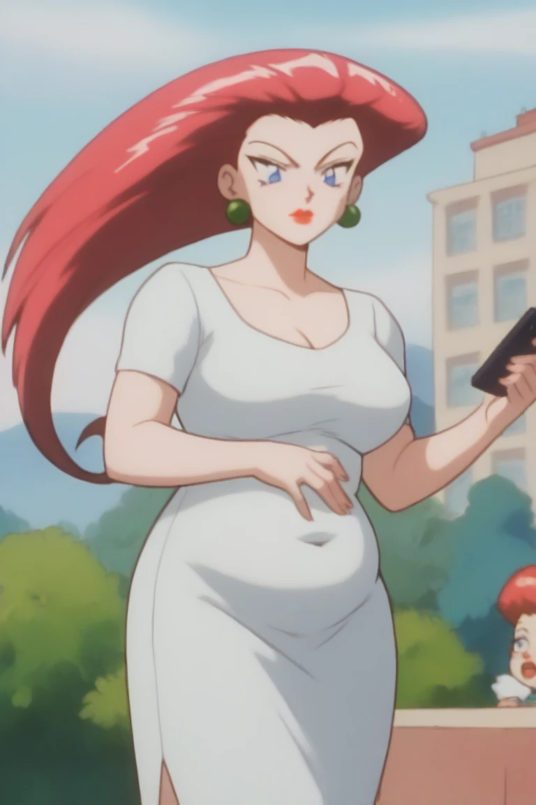 PMJessie shocked,  red hair, long hair, blue eyes, lipstick, Tall height, Prominent Neck, Tall height, chubby belly,  earrings,  talk on the phone, wear a white form fitting dress, close up belly, fair skin, overlooking an italia coast view, in the italian balcony,