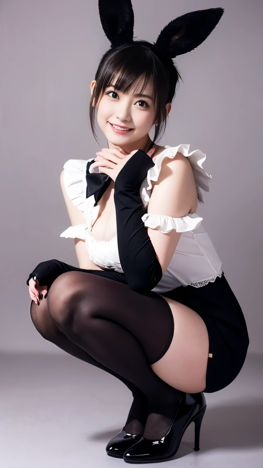 Bunny girl in colorful maid clothes:1.5, wearing black tights :1.5, best smile:1.5, full body shot :1.5, gray background :1.5,黒のハイヒールを履いてる:1.5,Squat:1.5