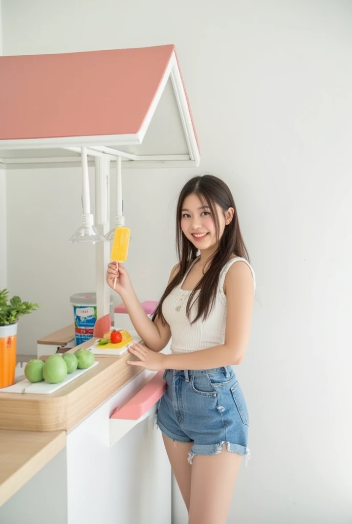 Thai girl, Single Breasted Tops , Jeans Shorts, White Sneakers ,Popsicle Stand, white background 