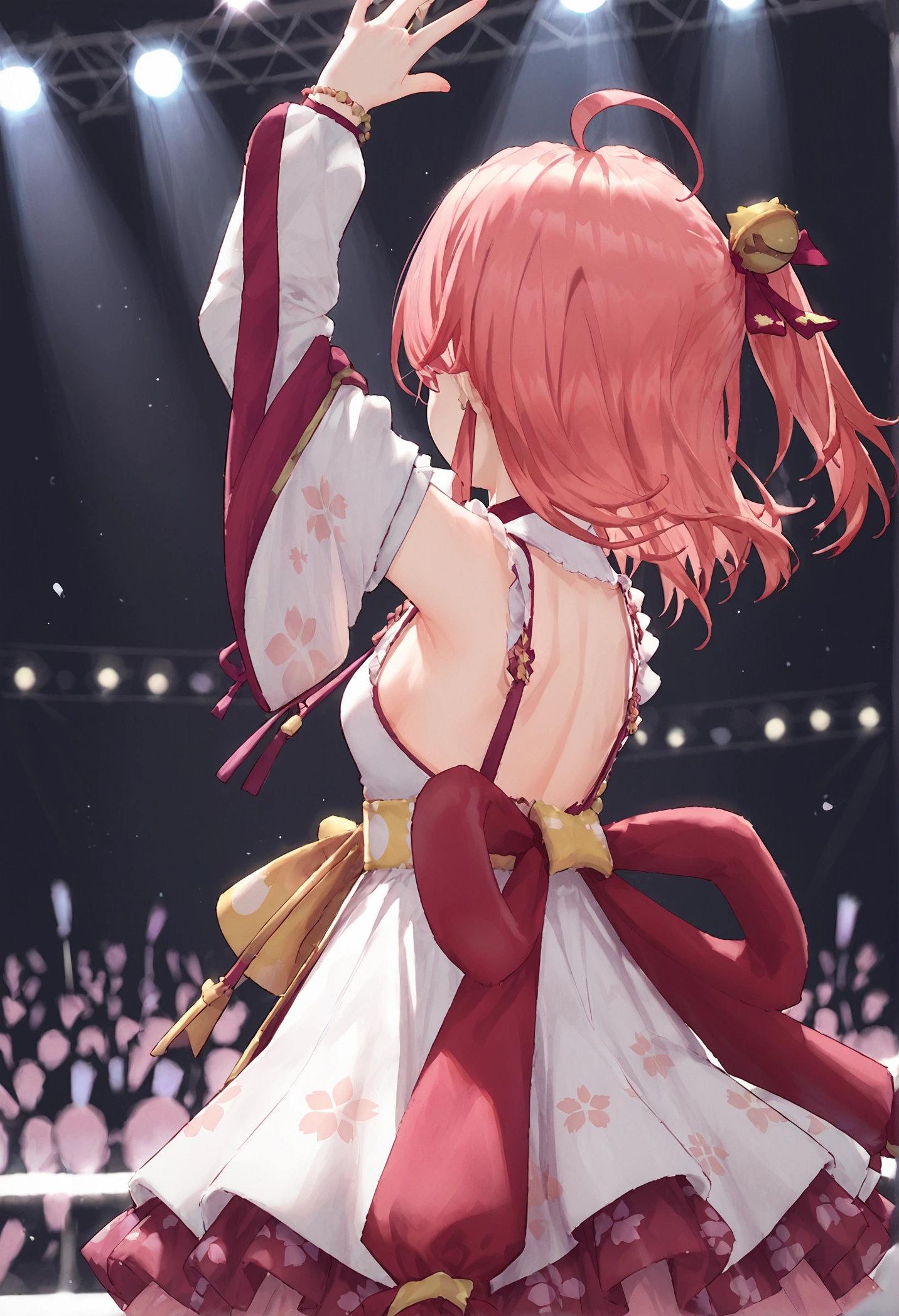 score_9, score_8_up, score_7_up, 1girl, solo, Miko_nml ,pink hair,ahoge, concert, virtual youtuber, idol, from behind, stage, stage light, faceless, performance, audience,arm up