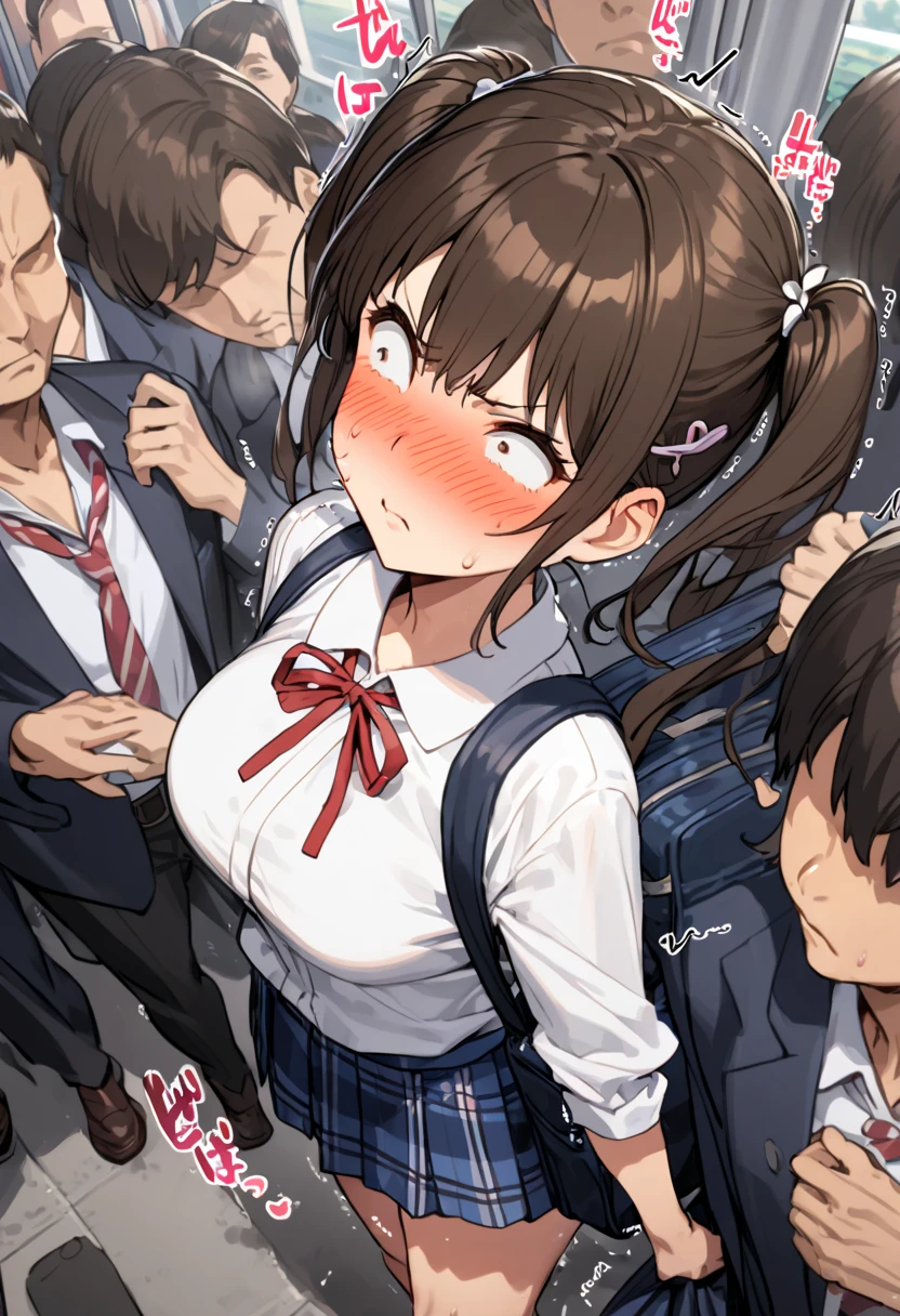 13 old, japanese school girl,dark brown hair,twintail,hair pin, at train ,perfect body,easy-going face,White shirt blouse,sweaty, plaid skirt,trouble,twin tail, blush、molested, anatomically correct, Japanese sound effects, Crowded trains, heavy crowds, blushing, disgust, Anatomically correct depiction of details, can't move in the crowd, one scene, Convulsions, trembling, school bag,perfect ass, massive pussy juice trail, one cut, Angle of view looking down from above, All around me are men,one cut,ass and tits grab,