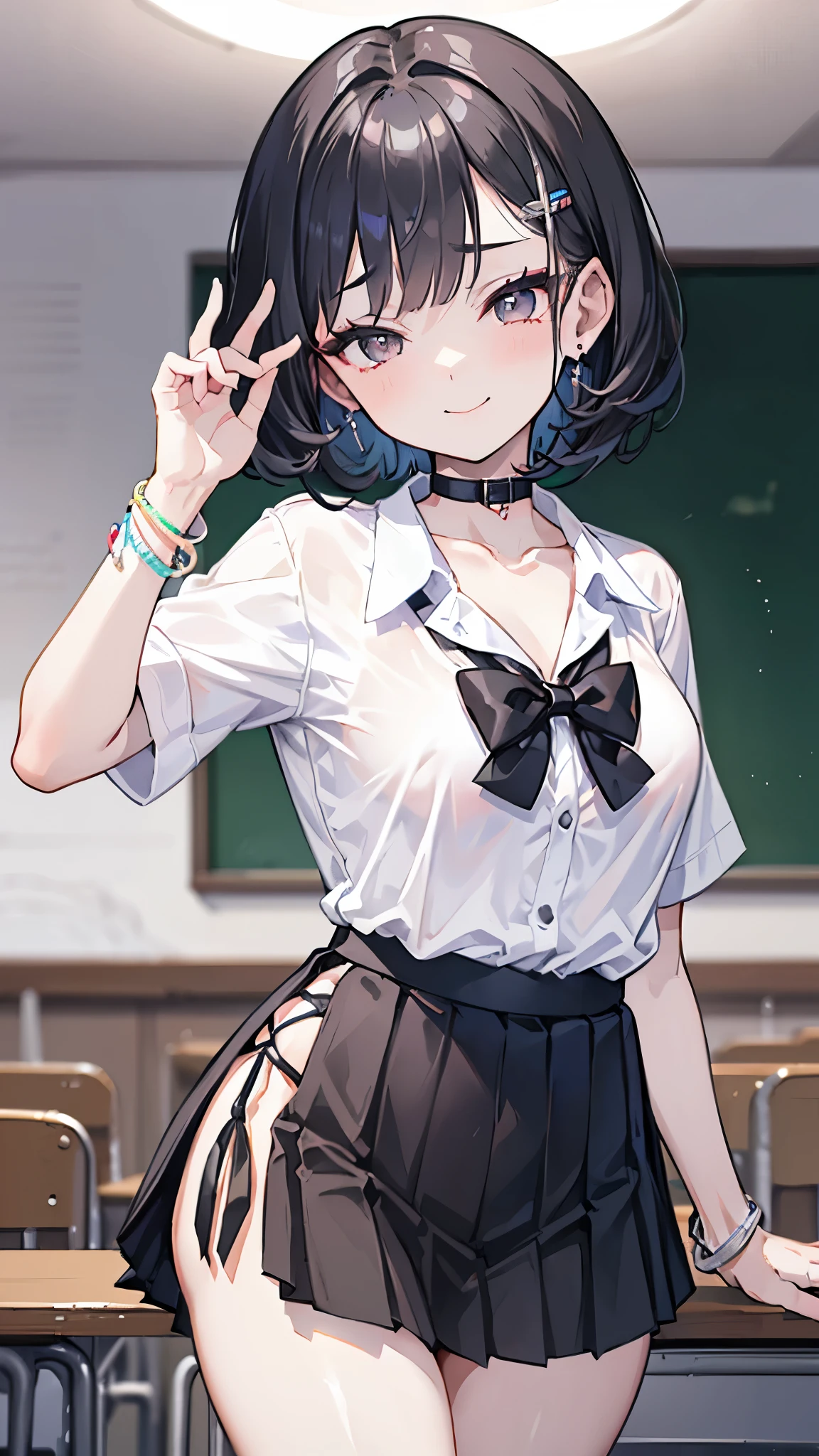((masterpiece、 best quality、 Very detailed))、 one girl who is at ease、improve、 black hair、 Short Hair 、Bangs Slider、 gray eyes、evil smile、Moderate breasts、(( white collared shirt ))、((clavicle))、 Necklaces 、 bracelet、(( black pleated skirt))、((micro miniskirt))、((Thick waist))、 Cowboy Shots、 Classroom Background