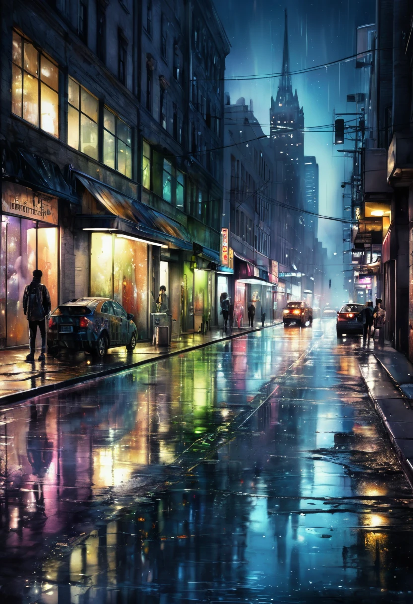 watercolor painting (pouring, dripping, puddling techniques), blurred painting, water-based paint effects, metalpunk night cityscape, delicate and dynamic textures, contrasts of light and shadow, 2.5D, artistic photography, hyper realistic, digital graphic CG, ultra detailed, absolutely resolution, best quality