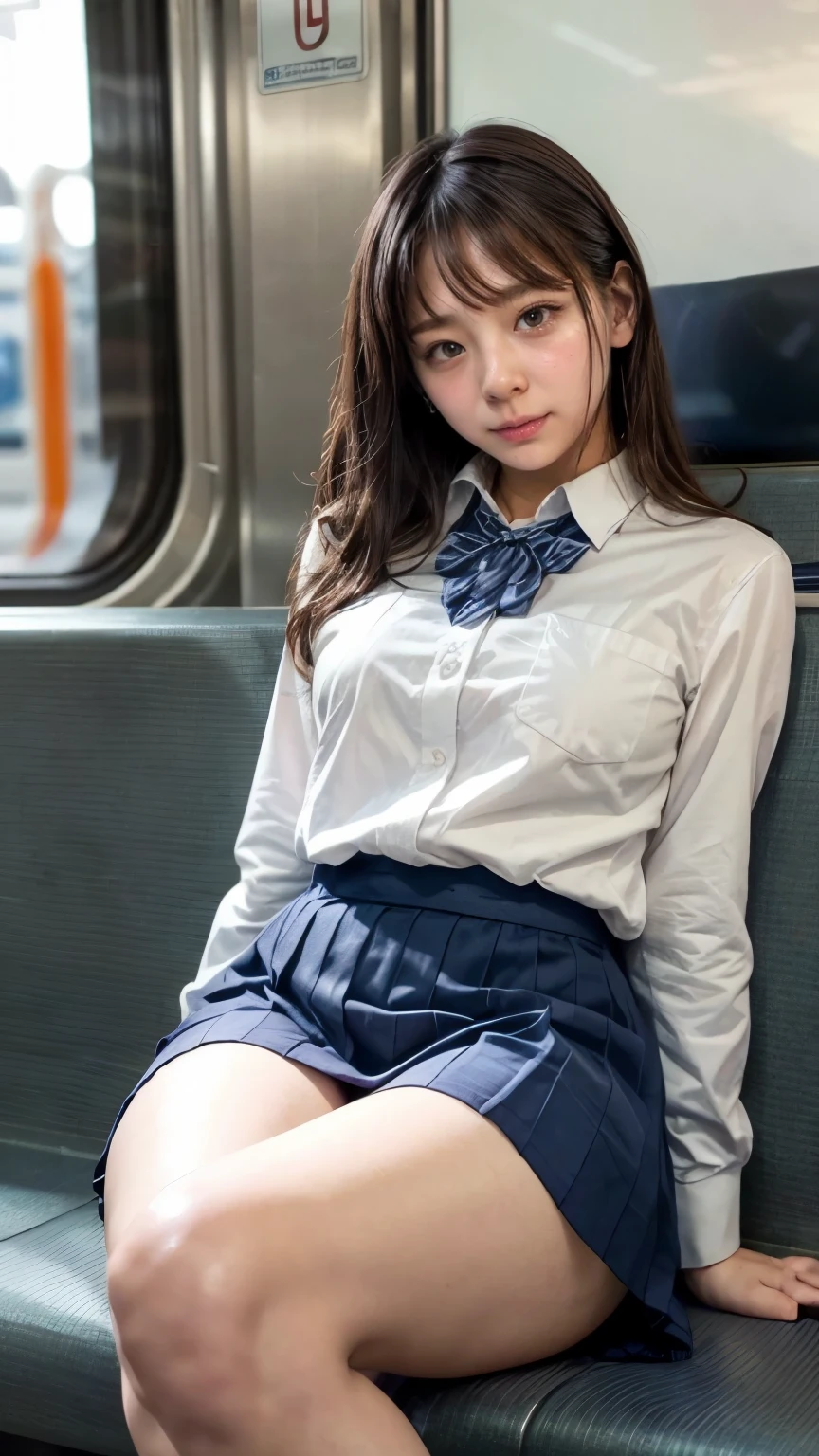 masterpiece, High resolution, Ultra High resolution, 4K, perfect hands,Black Hair, Japanese Girls, Navy blue Uniform skirt, White shirt, bow tie, Accentuate your thighs, White thighs, Soft thighs, Shiny thighs, Sitting on a train, Facing angle, Angle from below, Sitting on a train Seat, Sit in front, Zoom camera to hip joint, Put your feet on the train floor, whole body, Looking down and sleepy, Watch only viewers, Highest quality, Ultra High resolution, Realistic, High resolution, detailed, RAW Photos, sharp, Nikon Film Pictures, Images and Stock Photos, Rich lens color, Ultra-realistic and realistic texture, Dramatic lighting, Unreal Engine,