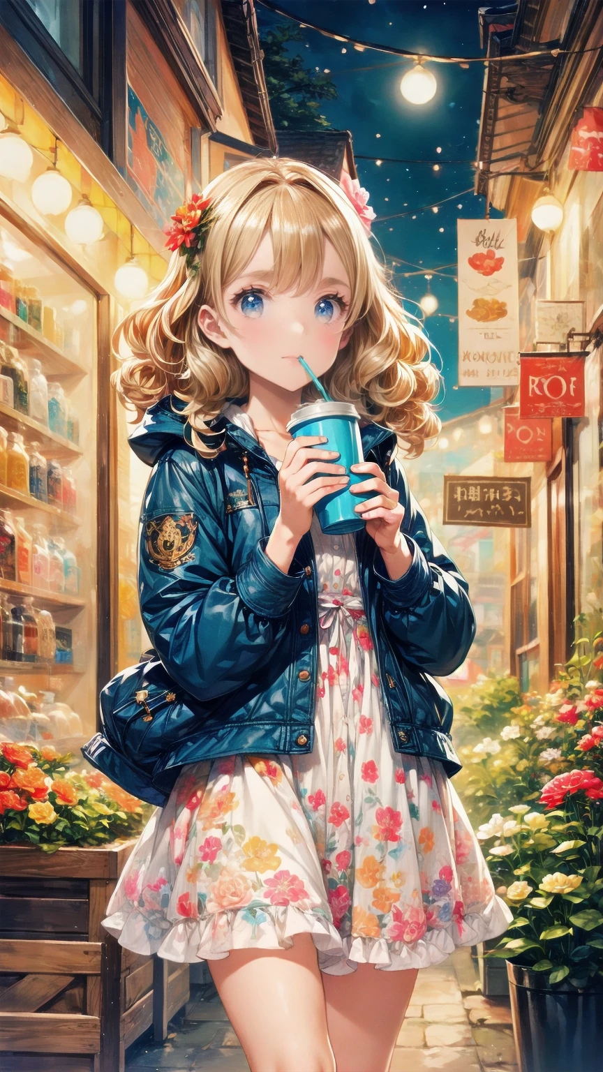   best quality,  very ，cute ,  blonde alone, Curly hair, evil，Floral Dress，  down jacket ，I would like to drink coffee from the shop on the night of the festival.，