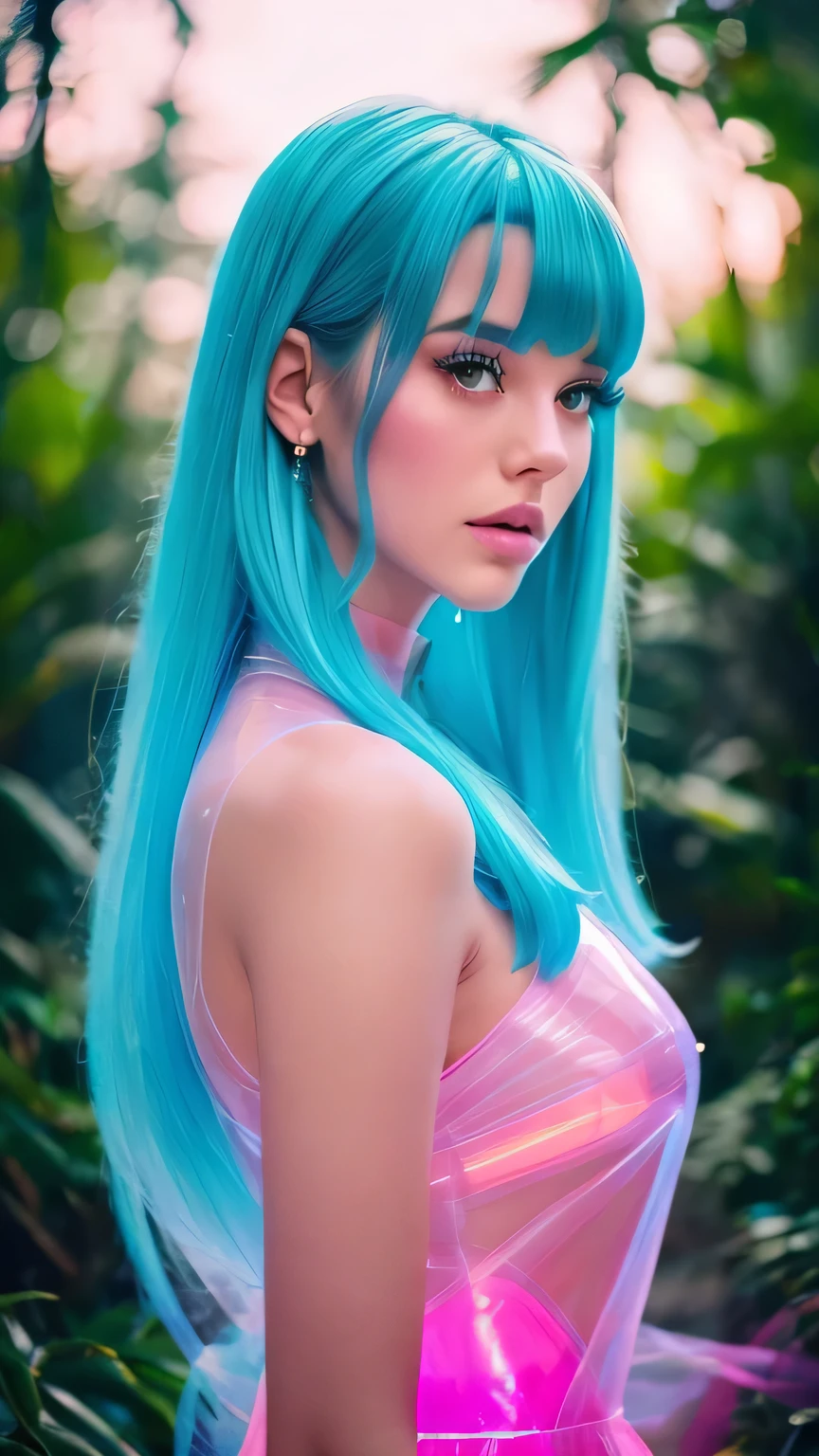 (VI-000020:1.2), (ultra photorealistic:1.3), (masterpiece:1.4), Best quality, ((realistic)), high quality, Ultra detailed, ((realistic anime face)), ((realistic skin)), ((realistic body)), ((sexy pose)) (Best quality:1.1), (illustration:1.05), (1 girl:1.05), (Cute:1.05), (beautiful detailed eyes:1.05), (cinematic light:1.1), Light blue highlights, pink hair all over the body, 1 girl, Cute tyrant portrait, sea green hair, bright eyes, White dress, the temple, looking at the viewer forest landscapes of Warcraft