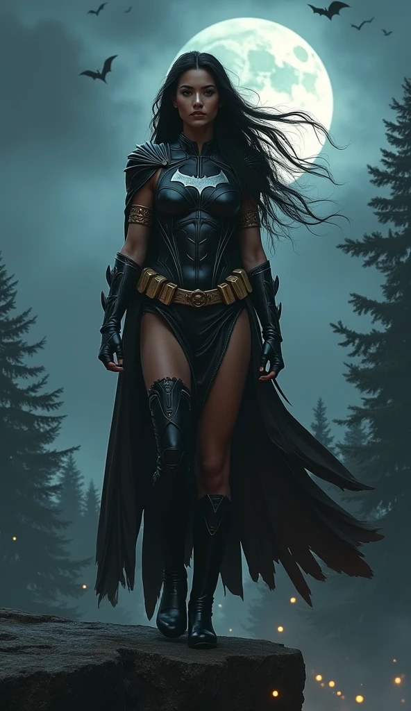 1girl, tall, dark curly hair, brown skin, eerie dark forest, holding bow right hand, holding lantern left hand, body fitted leather jumpsuit, no skin showing, gold corset, gold dragon bracelet, black knee-high boots, red cape flowing, different colored eyes (right eye red, left eye purple), puckered lips, pain expression, (best quality,4k,8k,highres,masterpiece:1.2),ultra-detailed,(realistic,photorealistic,photo-realistic:1.37),HDR,UHD,studio lighting,ultra-fine painting,sharp focus,physically-based rendering,extreme detail description,professional,vivid colors,bokeh,fantasy,dark fantasy,portrait