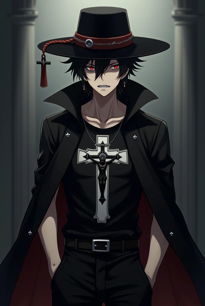 Young man wearing elegant clothes, pale, with an ankh, evil look, yellow eyes, black hair, evil smile, blood on his face
