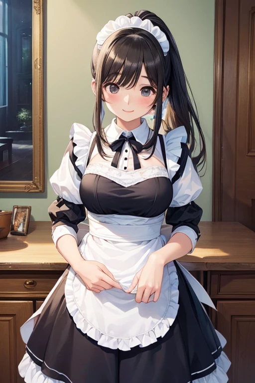 solo girl,20 years old,long hair,blue ribbon,looking up,(black hair:1.4), pink eyes, sparkle eyes,large breast,happy,smile,maid costume,cleavage,mini skirt,long sleeves,indoors,western style mansion,Best Quality, High resolution, Extremely detailed, Detailed background, Perfect Lighting