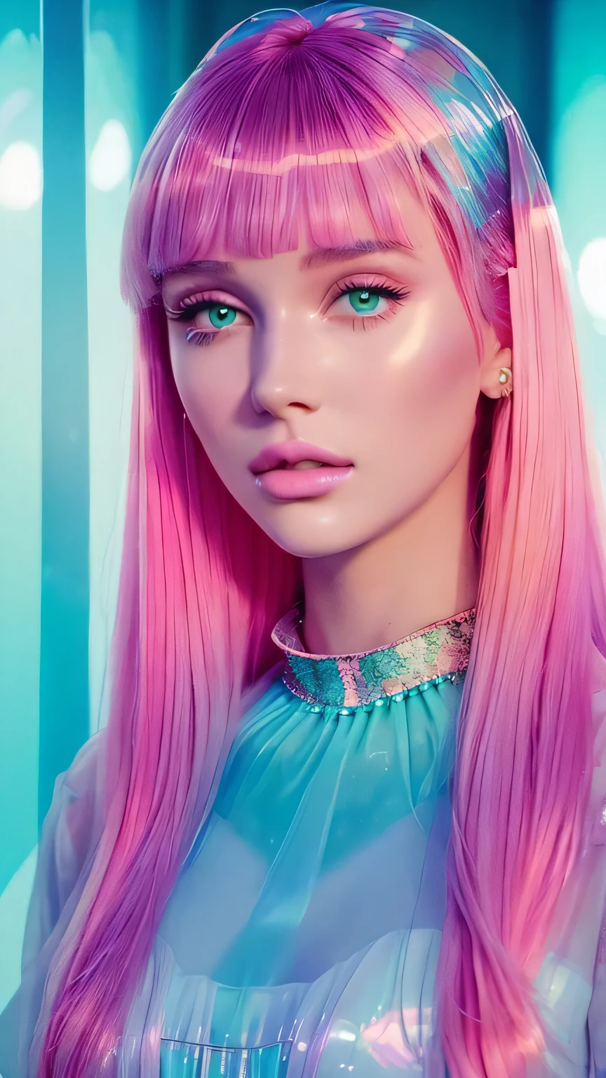 (fluorescent colors:1.4),(translucent:1.4),(retro filters:1.4), (fantasy:1.4), candy world Disney land ethereal soft fluffy soft landscape forest snowavatar Pastel pink sky green blue sparkle ethereal light pastel whimsical light rainbow stars diamonds sparkle gemstone background hyper realistic Ultra quality cinematic lighting immense detail Full hd painting Well lit,diagonal bangs,, collared dress,on side, masterpiece, best quality,realskin,(portrait:1.5), 1girl, blunt bangs, long hair