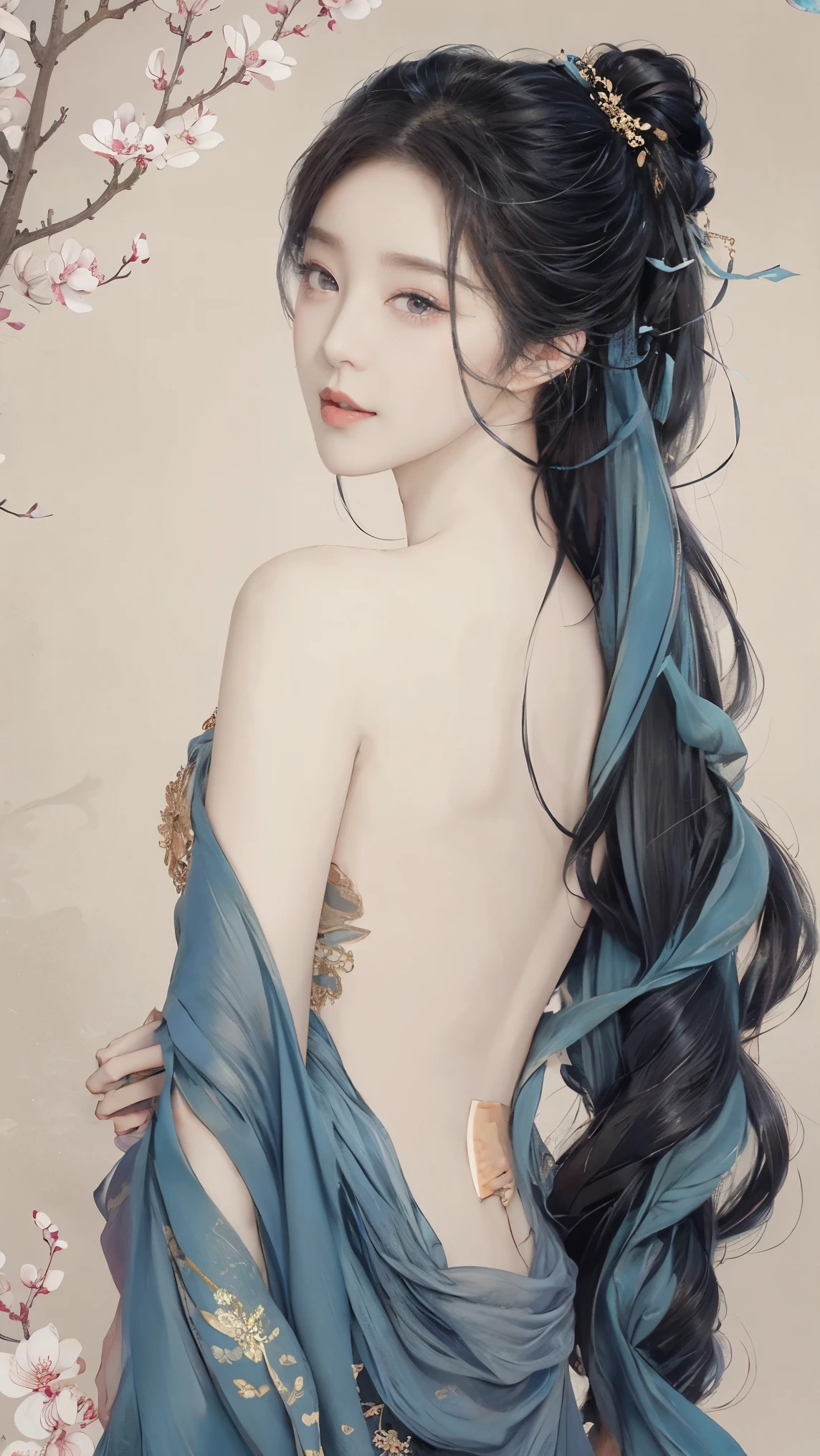 highly detailed, 8K, masterpiece, 1 girl, blue pink_hair, nude, Smile, (perfect_Face), boundary, close up, crazy, exist_Back, Gorgeous, complicated, Dramatic Lighting, 4K, detailed_Background, Caustics, full_Body,
