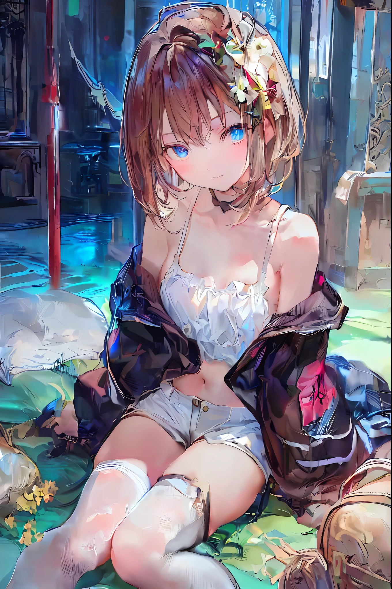  absurd,(masterpiece、 best quality、8k ), intricate details, Very detailed、1 cute girl、((movie:1.4)), embarrassed 、( flat chested、bulge:2.2( brown hair、(  white camisole , white shorts、 White Knee High Socks :1.3), on the bed、 super realistic,perfect anatomy，Brown Hair， short cut ， unkempt hair，Short braided hair，Neat， slender beautiful，Correct posture，Small chest， beautiful legs， their enchanting gray-blue eyes are shining like stars，Droopy eyes， bright color, beautiful eyes,A delicate smile,Textured Skin, best quality best , gentle and beautiful woman , anime style､