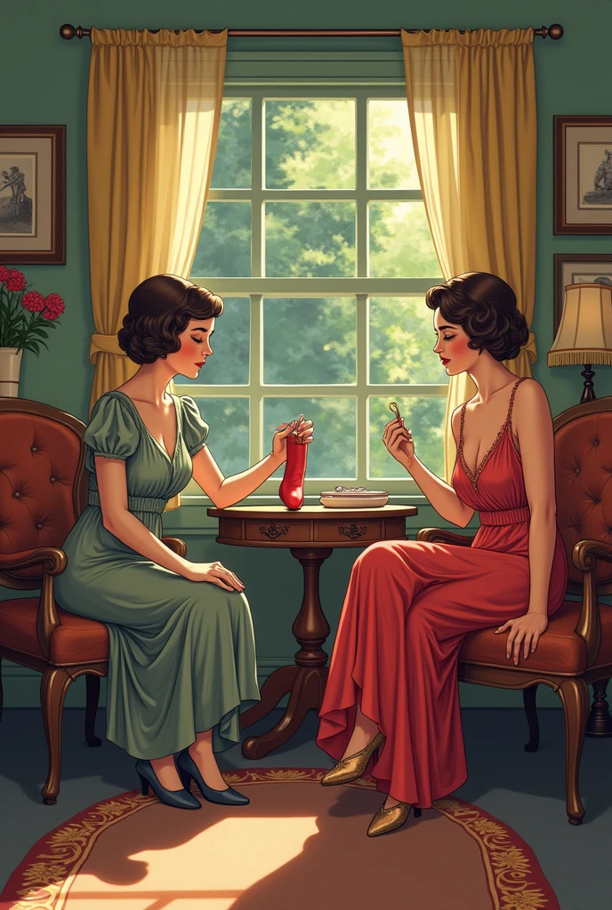 Vintage woman laying on armchair ciggaratte on mouth while looking at a big mirror next to armchair from front view in warm brown colors