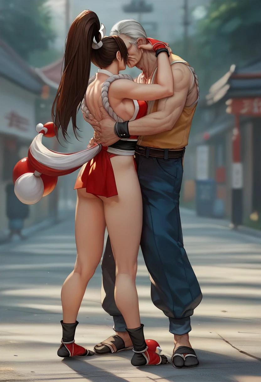 mai shirnui, Hug with old man in his 70s、score_9, score_8_upper, score_7_upper, score_6_upper, score_5_upper, score_4_upper、Inspired by Japanese manga style, Manga style, How to draw manga, Digital drawing, An 8K masterpiece depicting a Japanese manga about girls in their twenties, Act as a slave, Anguished expression, A gesture of defeat, Torn clothes and black jilbab, Hands restrained by chains, spread, Sit upright on the stone pavement. Surrounded by a crowd of women. Face full of scars、Skin shiny with sweat、、 crying wet bursting out eyes, real tears streaming down face, ultra-detailed eyes,,expression of despair,Illumination that emphasizes shiny sweat{{{Spread }}},Infuriated, bandaid on face,tatteredclothing