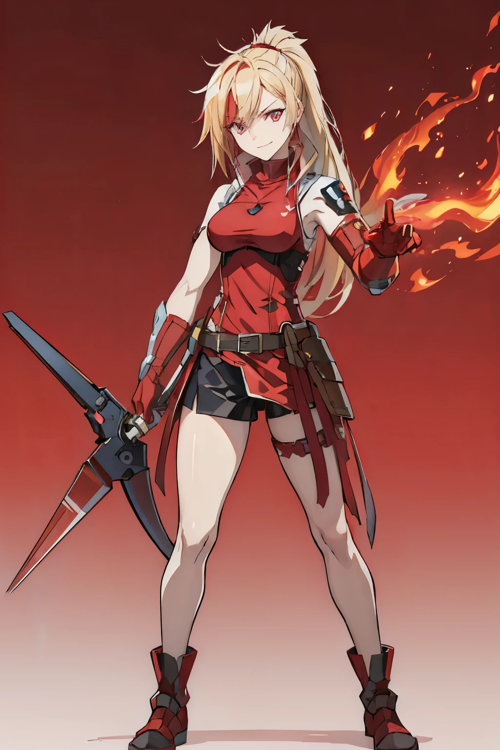 (masterpiece, best quality:1.2), red glowing eyes, red eyes, the eyes are red, perfect face, strong make up, highres, 1 girl, ultra long ponytail, (female:1.5), strife, blonde hair streaked with lots of red highlights, two colors hair (blond and red), hight flame mistress outfit, shoulder armor, sleeveless turtleneck, suspenders, belt, gloves, bracer pre potent smile , relaxed arms , evil smile, evil pose, standing, portrait, looking at viewer,  Her hair is streaked with lots red and blonde highlights, moon tribal tattoo, full body overview, full body view