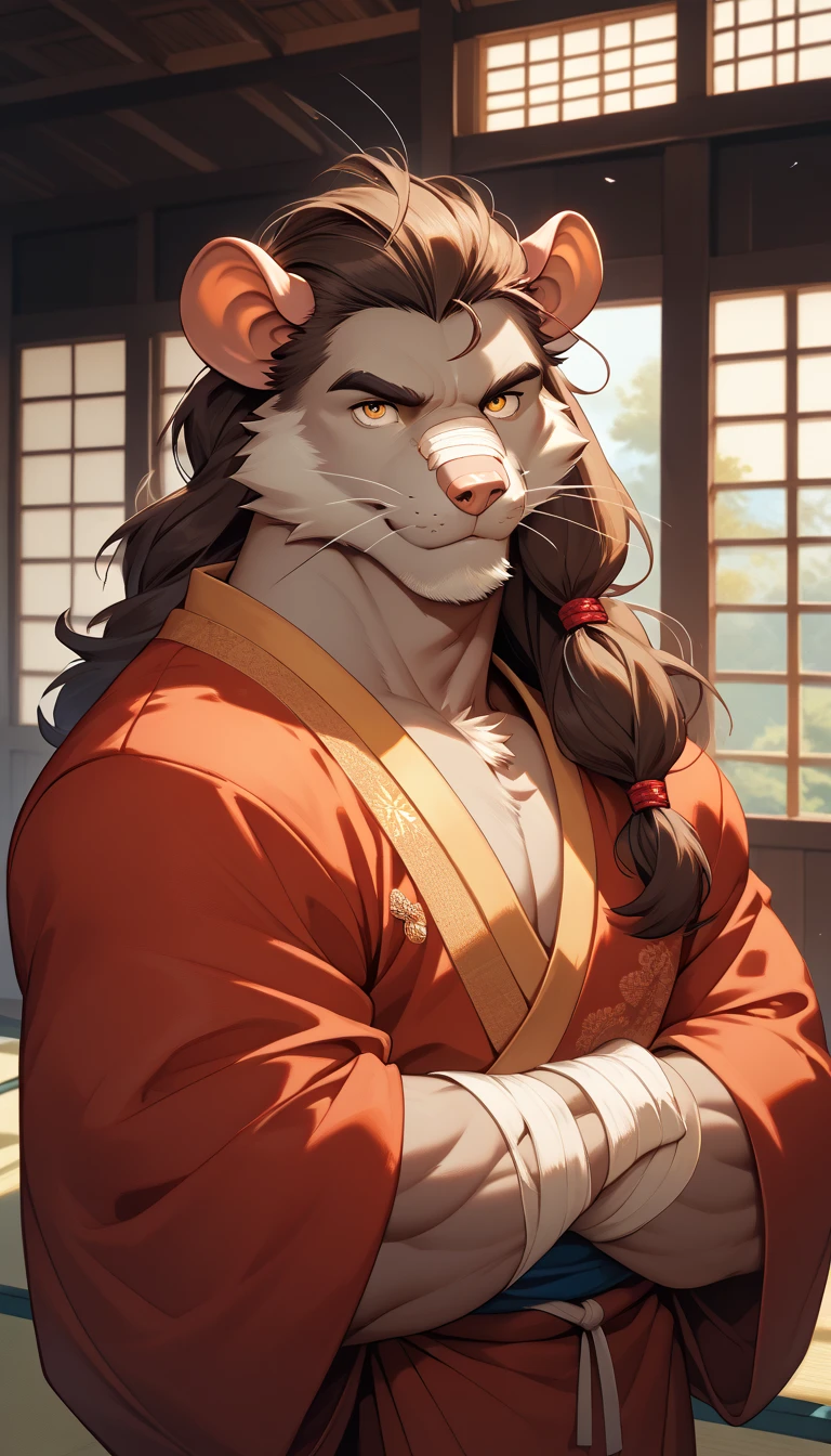 Training,long hair,golden eyes, hairstyle, monk,buff,old,scarlet robe, bandages, fur-trimm,rat furry,master Splinter, dojo’s background 