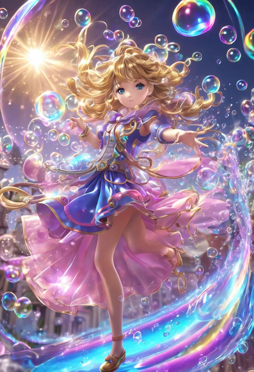  Anime style :  a huge tornado out magic bubbles ( magic bubbles  , of different sizes and colors , translucent with a slight glow) , takes up a magician girl , girl in magician clothes ,  her hair is loose and develops from the wind inside the tornado( tornado ) from bubbles ,  the incredible beauty of the stage ,  maximum details , maximum quality ,16k render ,  perfect play of light  , refractions of light , glow of glances , a whirlwind of magic bubbles 