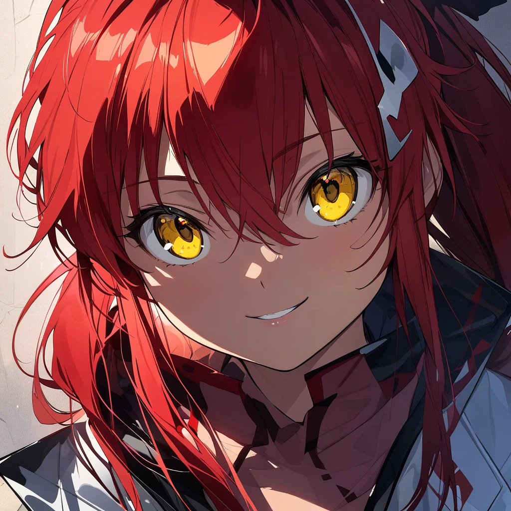 (masterpiece),(best quality),(ultra-detailed),(best illustration),(best shadow),(absurdres),(detailed background),(very aesthetic), yoko littner, red hair, pony tail, yellow eyes, very close-up, portrait, seductive smile, 