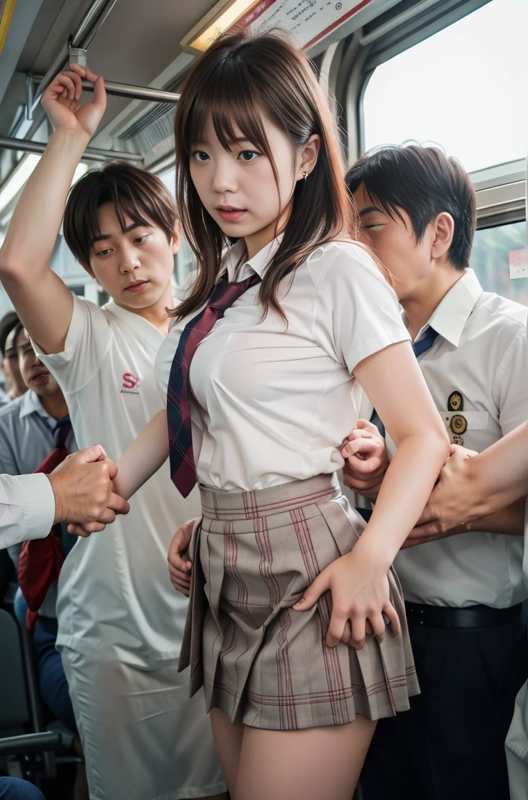 (molestation:1.8) japanese woman, beautiful breasts, (white shirt,red necktie, plaid pattern short skirt, darkbrown hair,bangs,ear,japanese school uniform),tits grab, in the train, Multiple men around her grab her tits, tits grab, multiple hands, masterpiece, highest quality, very detailed, molestation, crowd of men, very realistic face, very realistic eyes, crowd of men around her, grabs  thighs, molestation, masterpiece, highest quality, very detailed, 1 girl, multiple hands, Grab ass with the crazy crowd, Chest grab, the men around her, squeezed body, Many people grab their tits, very wet and sweaty, grab clothes, (There are no women in the crowd), man with necktie, very realistic japanese  face,14 oool bag, pinch nipples, Don't look at the camera, (​masterpiece:1.3), (8k, Photorealistic, Raw photography, Top image quality: 1.4), Japan high school girls、(Random hairstyles:1.2)、cleavage of the breast:1.2、Super Detail Face、Eye of Detail、 double eyelids、Bring your chest together with your arms、sharp focus:1.2、prety woman:1.4、light brown hair、top-quality、​masterpiece、超A high resolution、(Photorealistic:1.4)、very detailed and professional lighting、Breaking the generation standard, squeeze her breasts, massage her breasts