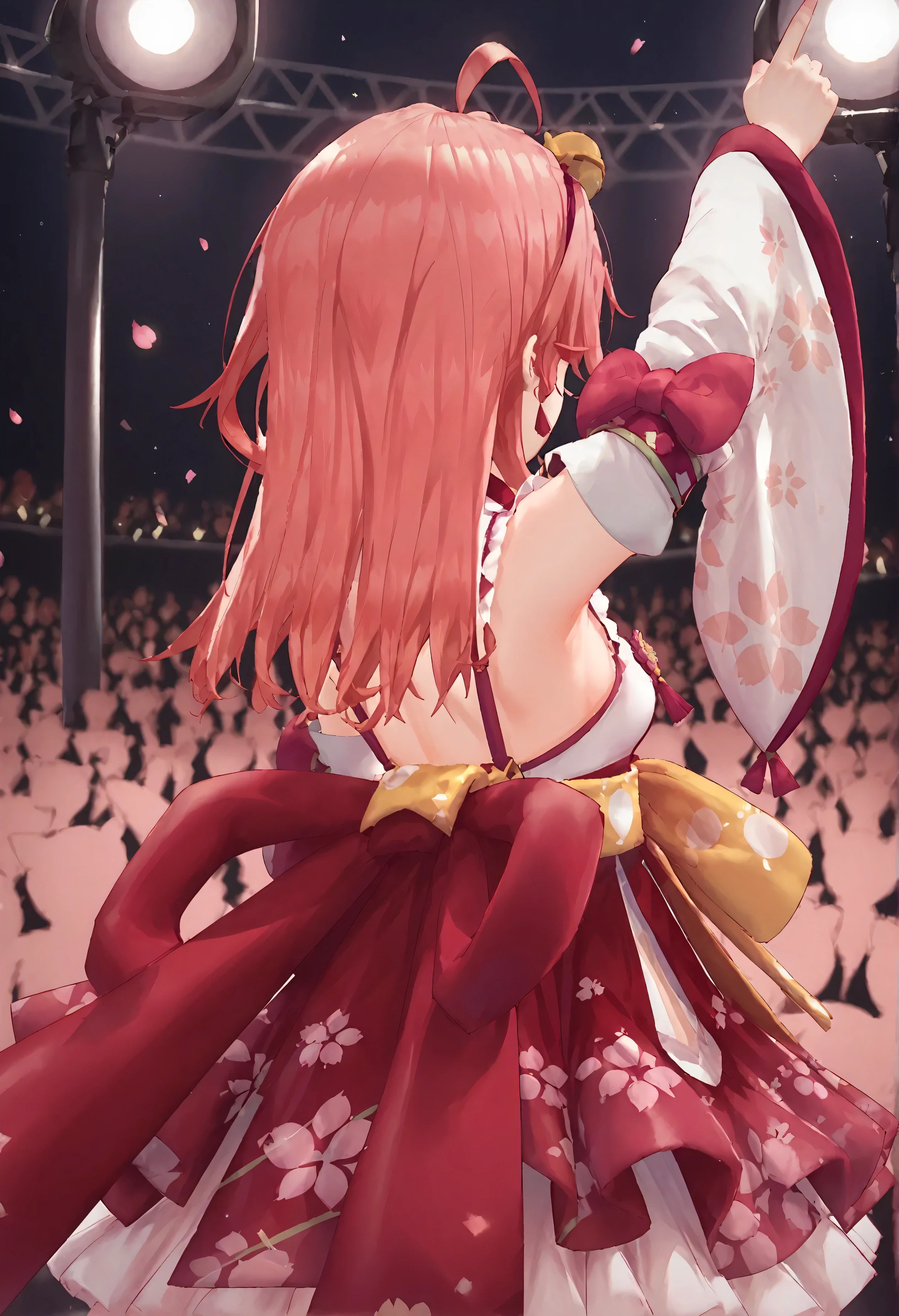 score_9, score_8_up, score_7_up, 1girl, solo, Miko_nml ,pink hair,ahoge, concert, virtual youtuber, idol, from behind, stage, stage light, faceless, performance, audience,arm up,floral print,detached sleeves,paw print,paw print pattern,cherry blossom print