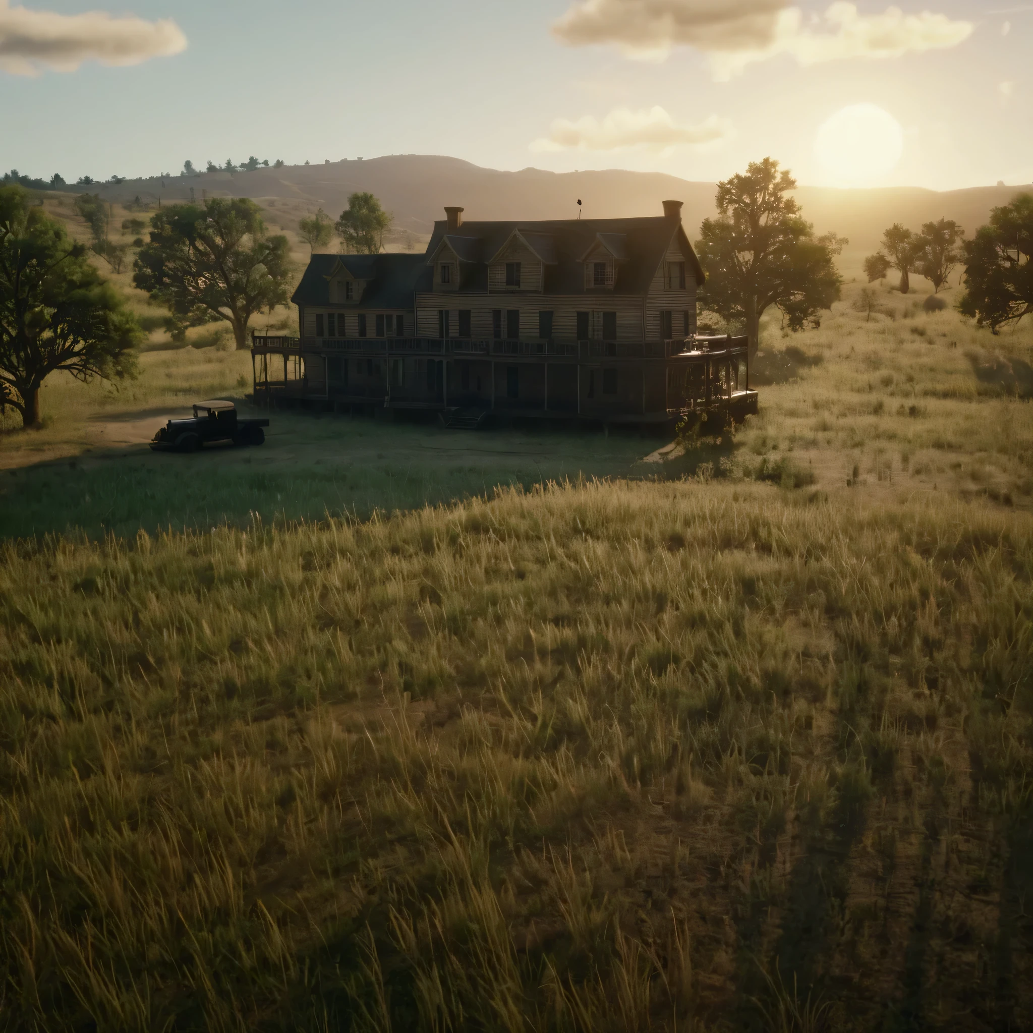 cinematic film still of cinematic film still of  a mana large house,  tress surroundings it outdoors,sky,cloud,tree,grass,ground,wildflowers, wildlife, vehicle,building,scenery,motor vehicle,car,house,bicycle , epic, Western, adventures, outlaw, Red Dead, Western United States, wild west,  Open world, 1900's, realistic, cinematic, film look, dramatic light, partially covered in shadows, gang, Western-themed action-adventure, Red Dead Redemption style, shallow depth of field, vignette, highly detailed, high budget, bokeh, cinemascope, moody, epic, gorgeous, film grain, grainy