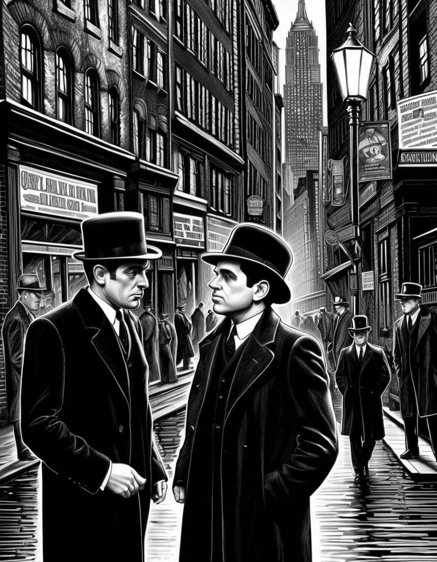 "Once Upon a Time in America" themed illustration, Underground comix, Hand-drawn art, Art of Dave Sim, Inspired by Dave Sim, Cerebus style. psychedelic art, Black and white photography, hatching, Hatching Techniques.