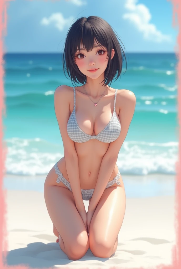 score_9,score_8_superior,score_7_superior,8k, High resolution, 5 years old、beautiful girl, bright black hair, Thin Hair, Small face, cute、Highest quality,Japanese face、small mole on the corner of the eye,((Puffy eyes))、(superior目づかい)、Short Bob、Riverbank、口角superiorがる、Beautiful legs、Flower Hair Ornaments、sexy、Sensual、Blushing、Palm tree、Ocean、frilly bikini、orgasm