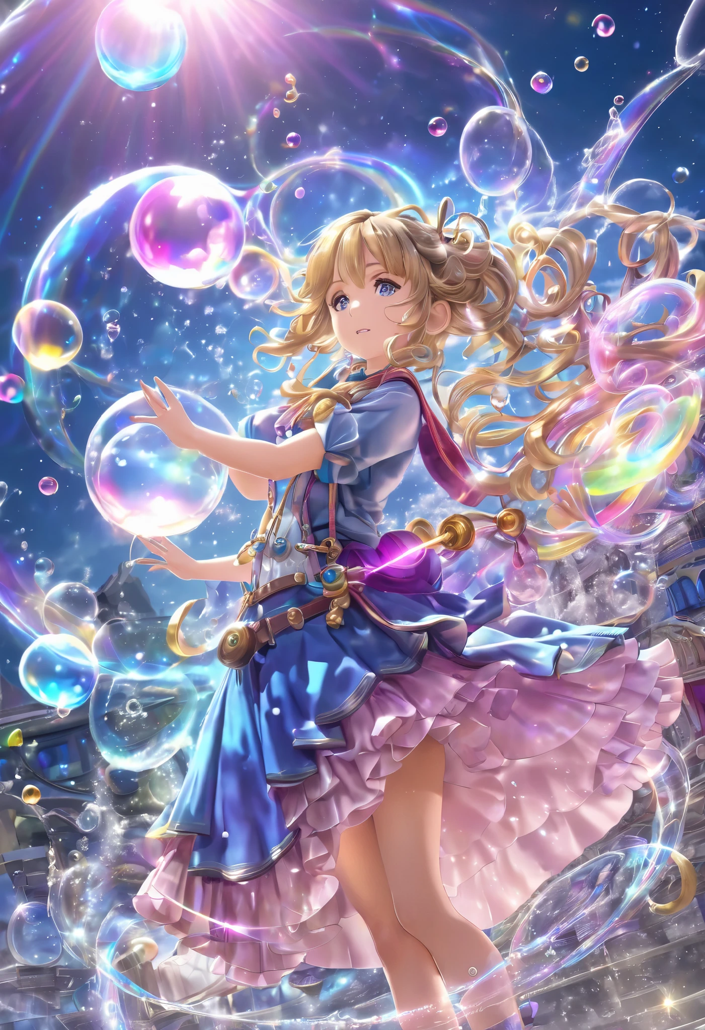  Anime style :  a huge tornado out magic bubbles ( magic bubbles  , of different sizes and colors , translucent with a slight glow) , takes up a magician girl , girl in magician clothes ,  her hair is loose and develops from the wind inside the tornado( tornado ) from bubbles ,  the incredible beauty of the stage ,  maximum details , maximum quality ,16k render ,  perfect play of light  , refractions of light , glow of glances , a whirlwind of magic bubbles 