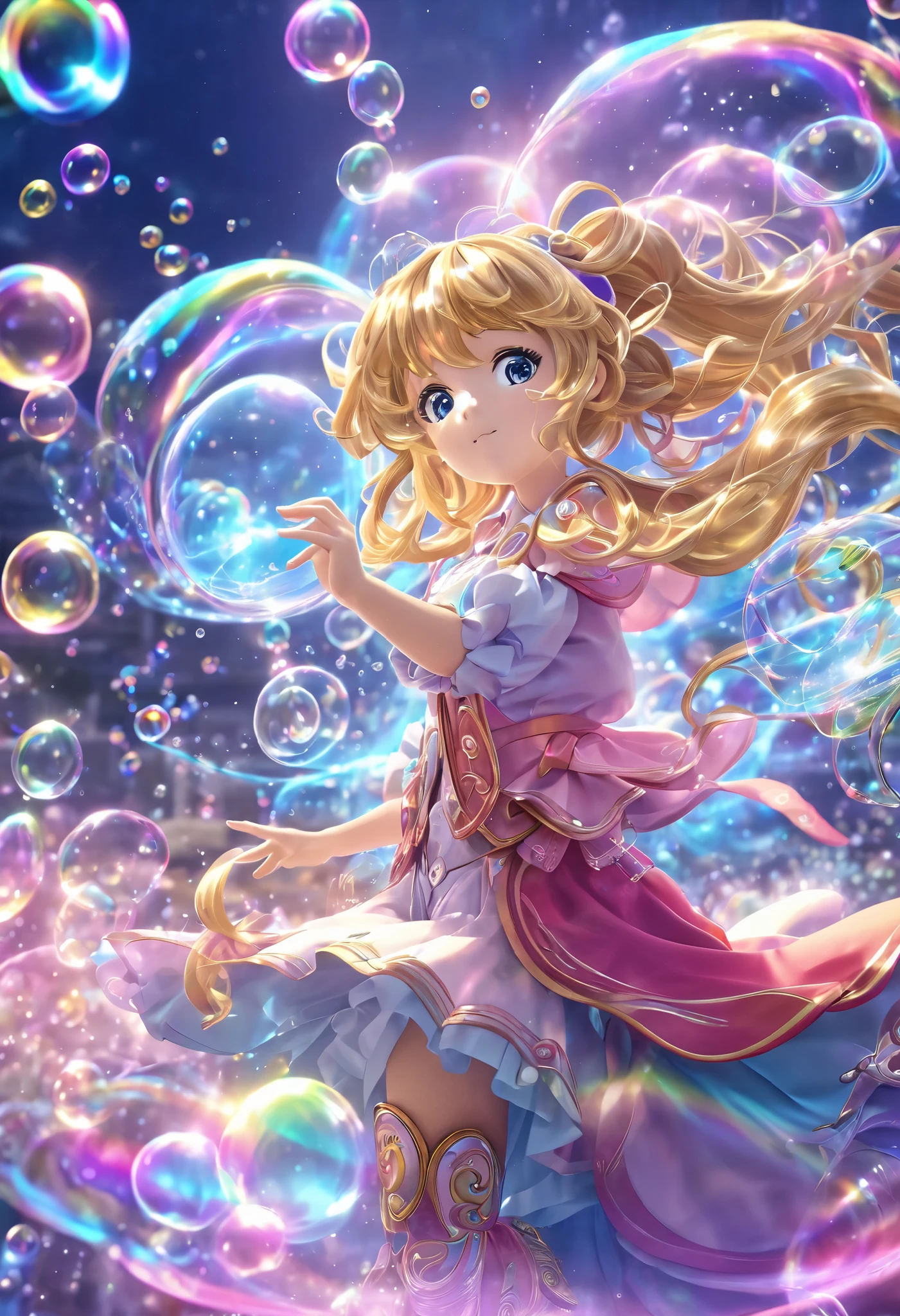  Anime style :  a huge tornado out magic bubbles ( magic bubbles  , of different sizes and colors , translucent with a slight glow) , takes up a magician girl , girl in magician clothes ,  her hair is loose and develops from the wind inside the tornado( tornado ) from bubbles ,  the incredible beauty of the stage ,  maximum details , maximum quality ,16k render ,  perfect play of light  , refractions of light , glow of glances , a whirlwind of magic bubbles 