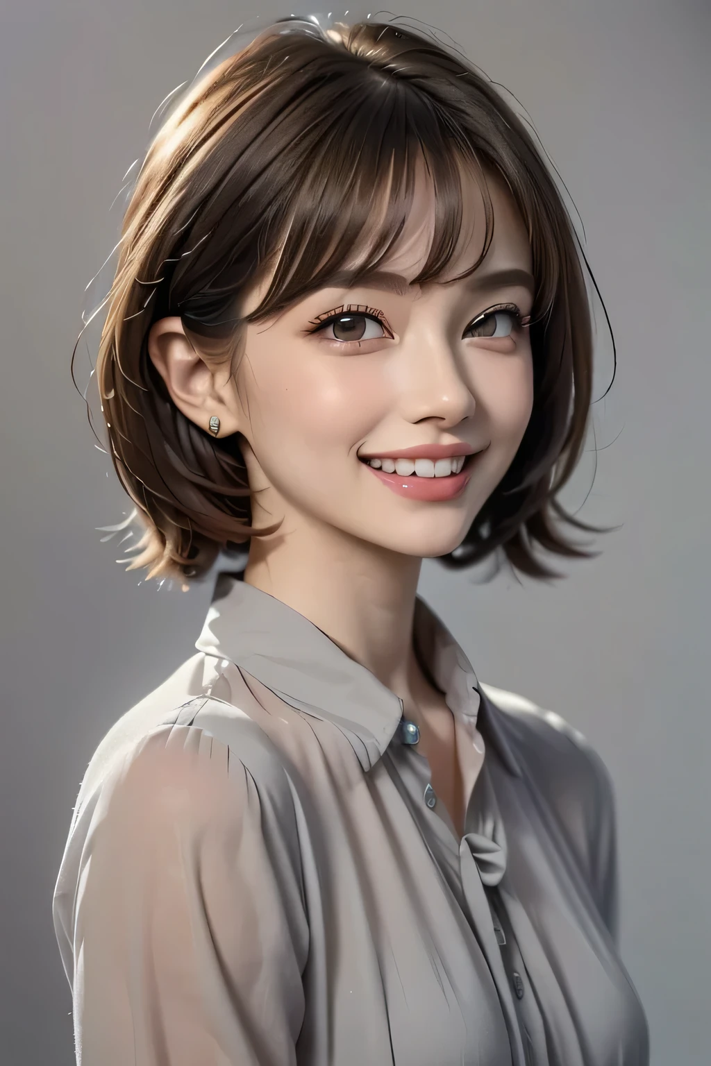 ((masterpiece)), (( best quality)), ((16k)), (( surreal)), ((Realistic)), (Mature), ((There are no classes)), Very detailed , (1 female), Beautiful and exquisite, (Beautiful Teeth), Grin, brunette pixie cut, Brown Eyes , ((blouse)), ( upper body), ((The background is a solid gray color and 、 nothing)), perfect eyes, Amazing Eyes, audience