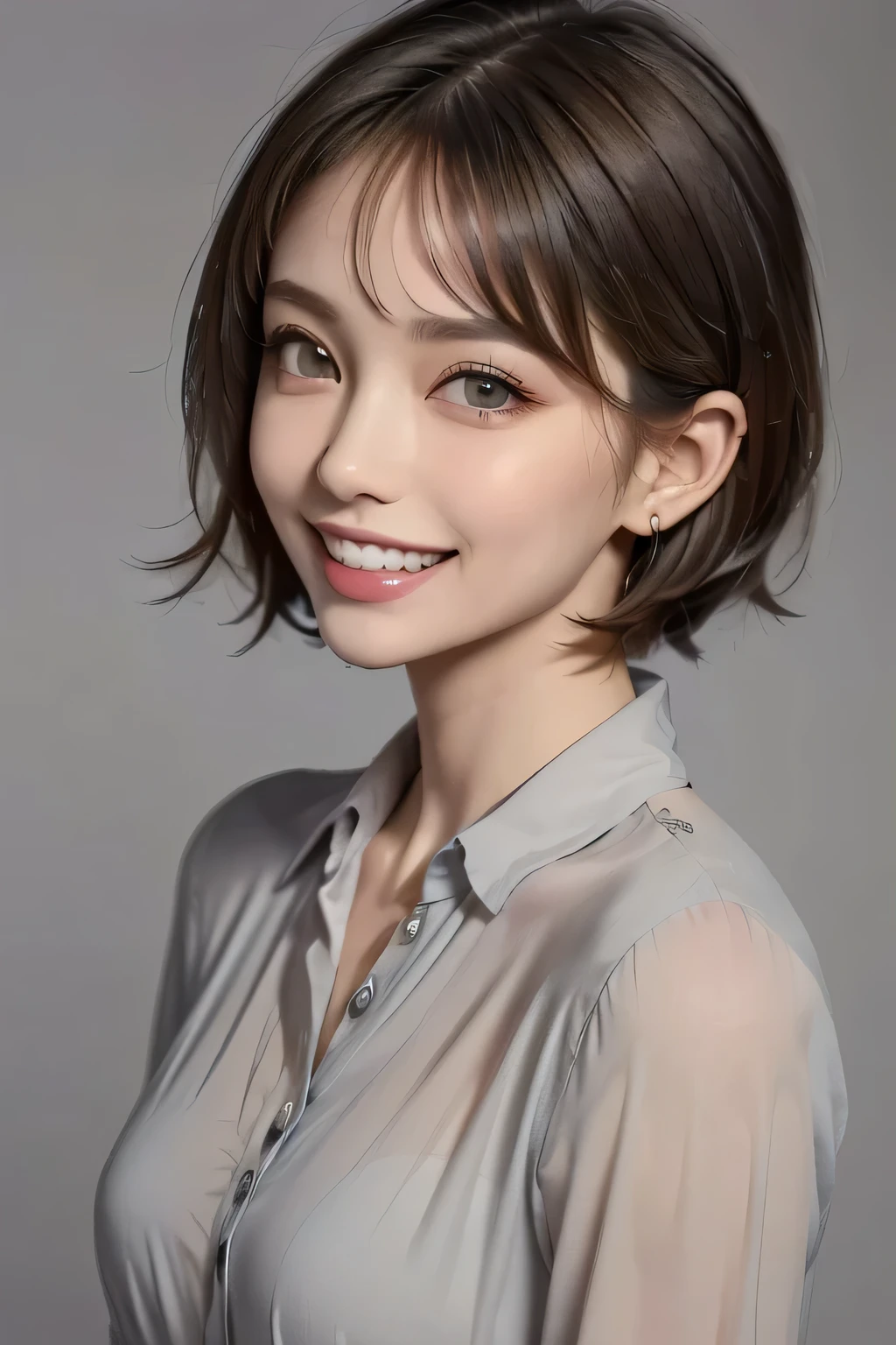 ((masterpiece)), (( best quality)), ((16k)), (( surreal)), ((Realistic)), (Mature), ((There are no classes)), Very detailed , (1 female), Beautiful and exquisite, (Beautiful Teeth), Grin, brunette pixie cut, Brown Eyes , ((blouse)), ( upper body), ((The background is a solid gray color and 、 nothing)), perfect eyes, Amazing Eyes, audience