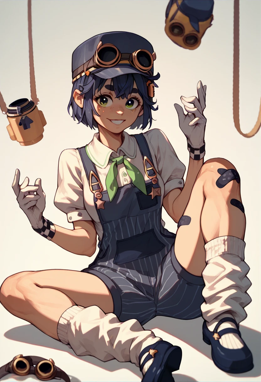 overalls, collared shirt, neckerchief, cabbie hat, goggles on headwear, loose socks, mary janes, bandaid on leg, gloves,