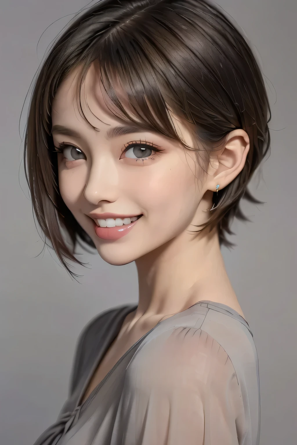 ((masterpiece)), ((  best quality)), ((16k)), ((  surreal)), ((Realistic)), (Mature), ((There are no classes)),   Very detailed , (1 female), Beautiful and exquisite, (Beautiful Teeth), Grin,   brunette pixie cut,   Brown Eyes  , ((blouse)), (  upper body), ((The background is a solid gray color and 、 nothing)),   perfect eyes, Amazing Eyes,  audience  