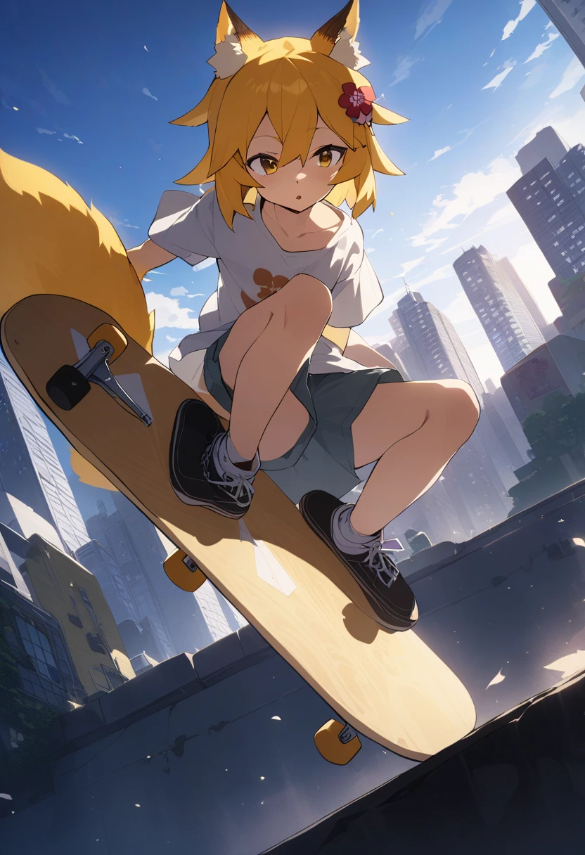 He's wearing cool skate fashion, jumping on a skateboard with a fox design against the backdrop of a street city.Cinematic angles, cinematic lighting, masterpiece, top quality , flying on a skateboard
BREAK
sen, blonde hair, animal ears, fox ears, , animal ear hair, hair ornament, fox girl, hair flower, hair between the eyes, short hair, fox tail, tail, flat chest, yellow eyes, young girl,
