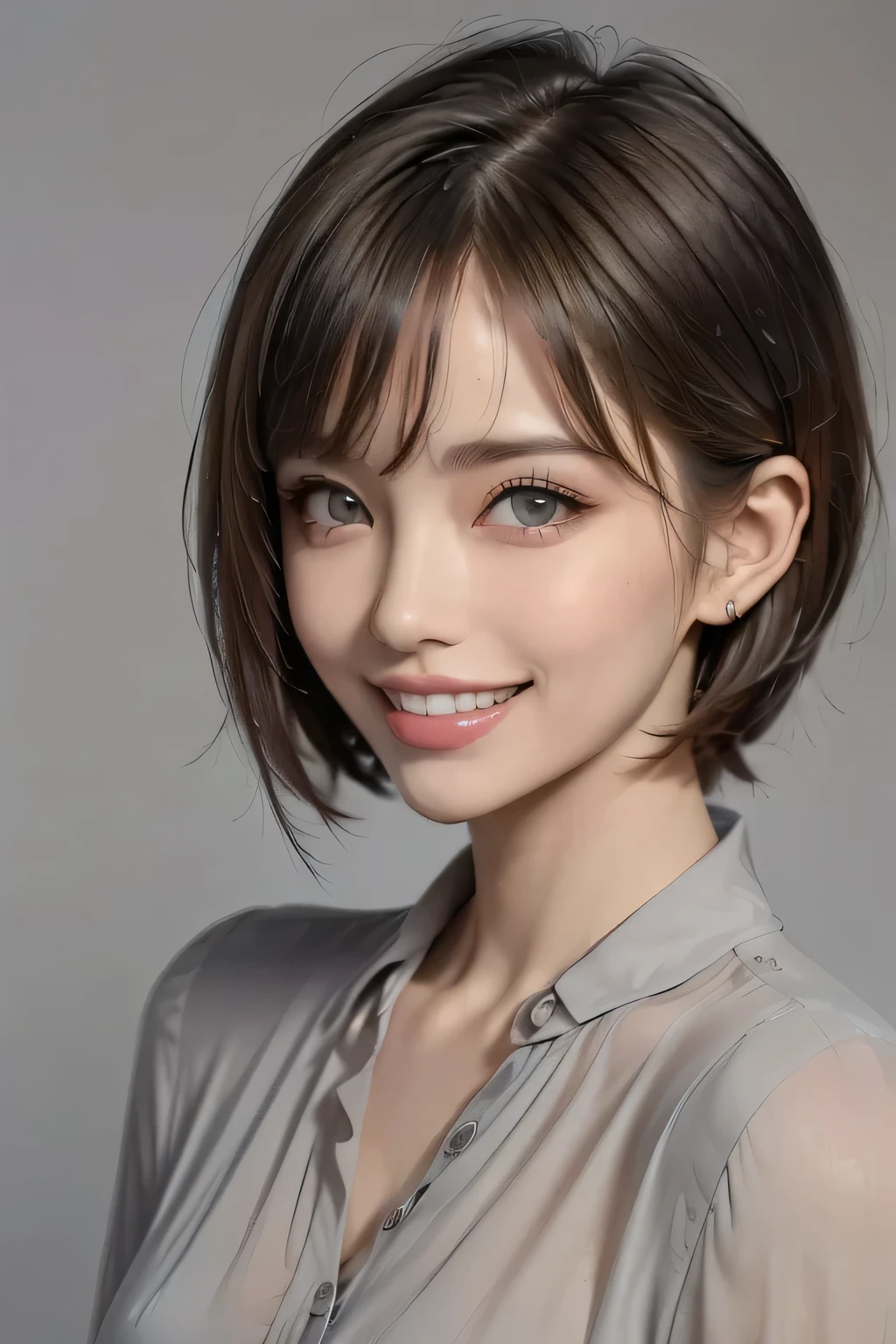 ((masterpiece)), ((  best quality)), ((16k)), ((  surreal)), ((Realistic)), (Mature), ((There are no classes)),   Very detailed , (1 female), Beautiful and exquisite, (Beautiful Teeth), Grin,   brunette pixie cut,   Brown Eyes  , ((blouse)), (  upper body), ((The background is a solid gray color and 、 nothing)),   perfect eyes, Amazing Eyes,  audience  