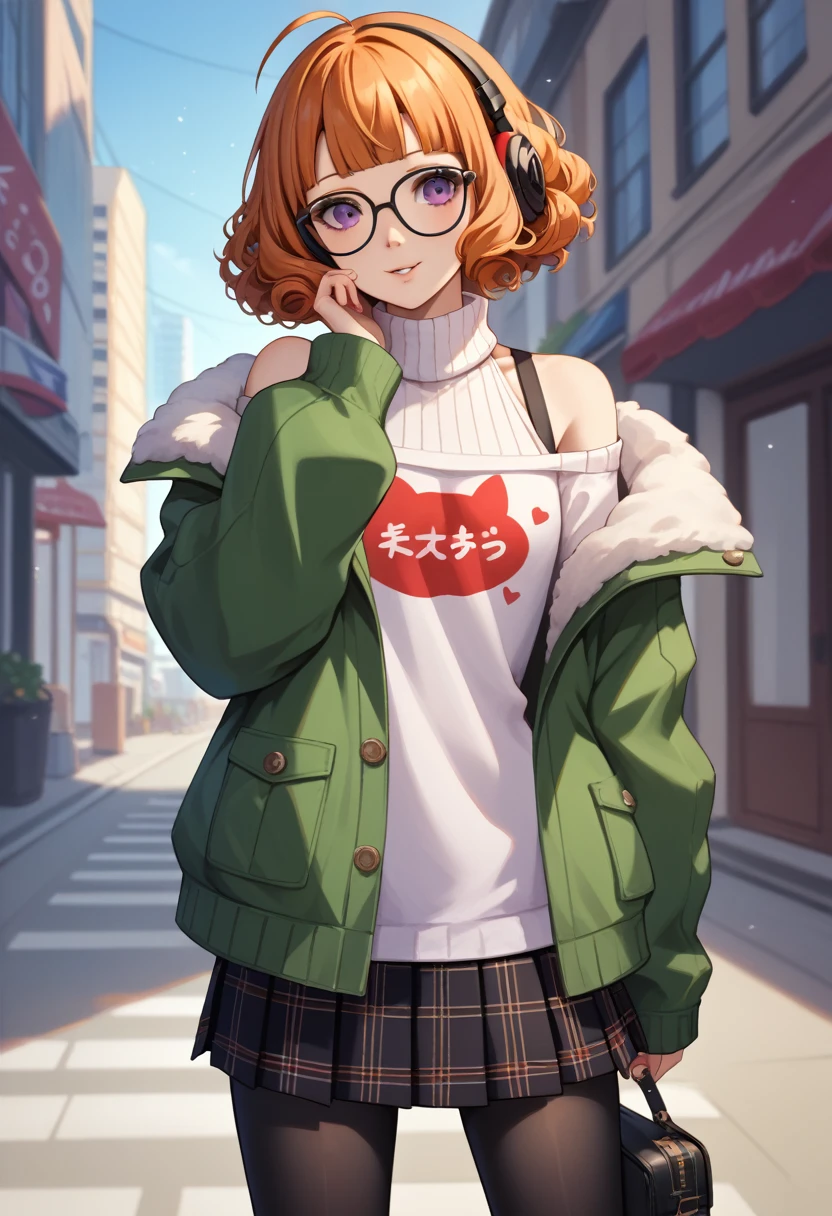 score_9_up, score_8_up, score_7_up,score_6_up, score_5_up, score_4_up , 1girl, solo, ((SPLIT-COLOR HAIR)), ((light auburn hair)), ((orange hair)), futabadef, orange hair, long hair, blunt bangs, glasses, ahoge, purple eyes, behind-the-head headphones, white shirt, green fur-trimmed jacket, off shoulder jacket, black shorts, black thighhighs, black knee boots, defHaru, short hair, chin-length curly hair, pink ribbed sweater, turtleneck sweater, short over long sleeves, plaid skirt, pleated skirt, print pantyhose, mary janes, flirting, cowboy shot, city background