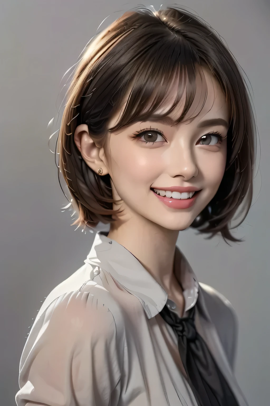 ((masterpiece)), ((  best quality)), ((16k)), ((  surreal)), ((Realistic)), (Mature), ((There are no classes)),   Very detailed , (1 female), Beautiful and exquisite, (Beautiful Teeth), Grin,   brunette pixie cut,   Brown Eyes  , ((blouse)), (  upper body), ((The background is a solid gray color and 、 nothing)),   perfect eyes, Amazing Eyes,  audience  