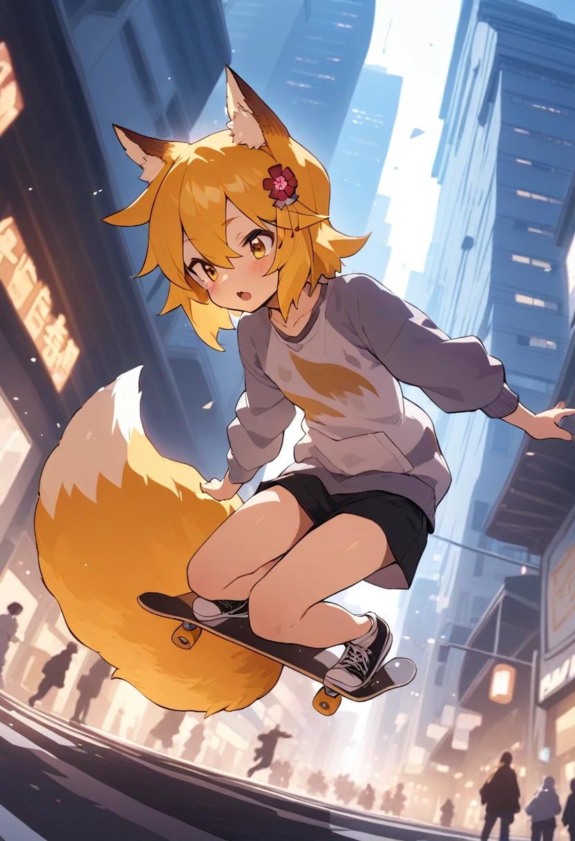 He's wearing cool skate fashion, jumping on a skateboard with a fox design against the backdrop of a street city.Cinematic angles, cinematic lighting, masterpiece, top quality , flying on a skateboard
BREAK
sen, blonde hair, animal ears, fox ears, , animal ear hair, hair ornament, fox girl, hair flower, hair between the eyes, short hair, fox tail, tail, flat chest, yellow eyes, young girl,
