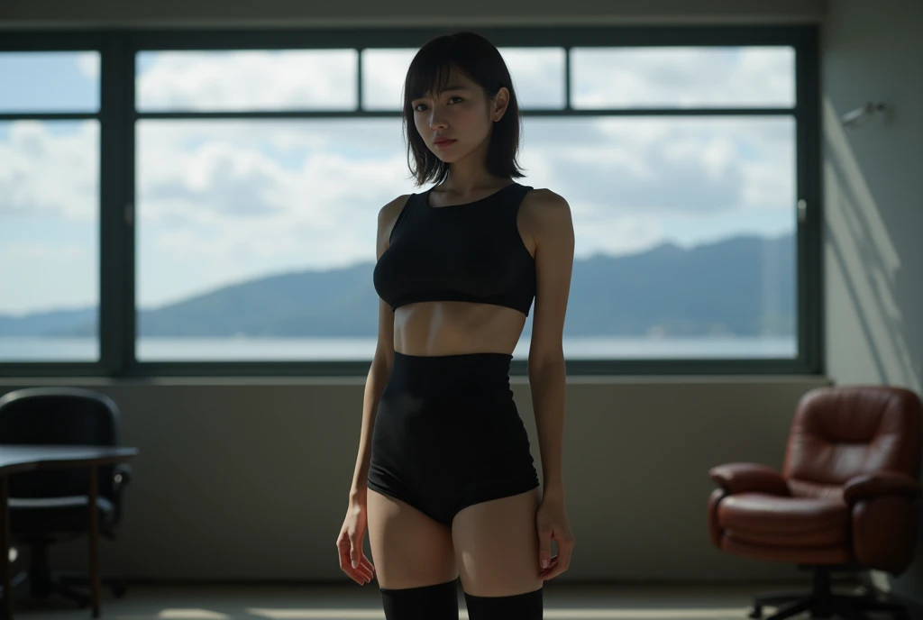 (Solo), (a detailed RAW photo of a girl), (masutepiece:1.0), (Best Quality:1.4), (超A high resolution:1.2), (Photorealistic:1.4), 8K resolution, Canon EOS R5, 35 millimeters, absurderes, ultra-detailliert, (25year old), Cinematic lighting, Detailed beautiful face, (no-makeup:1.2), (ulzzang -6500-v1.1), petite figure, Detailed skin texture, (flat chest:1.4), (skinny and fit body:1.6), Detailed brown hair, sweltering,(Very short hair:1.5), See Through wear, no bra, (gray black yellow logo thin, fit small running wear for competition with erect nipples :1.5), wind, More transparent, realistic glistening skin, Detailed texture, Cameltoe, well-developed abs, hip focus, blue sky, open legs pose, underboob,