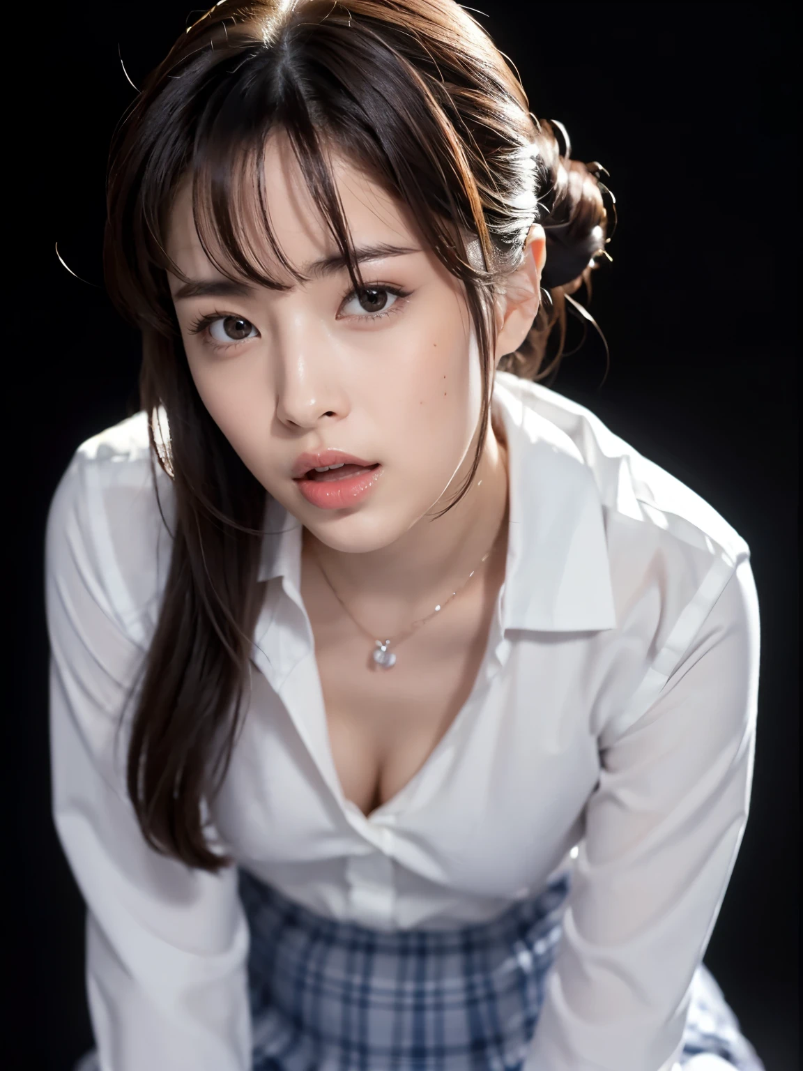 (masterpiece:1.2), (highest quality), (visible all over:1.3) ,(Super detailed), (8K, Complex), (lens 135mm,F1.8), (realistic)(black background:1.3), portrait photography, side lighting,edge lights up,best shadow,Area light source,perfect anatomy,perfect face shape,perfect for women,finest female body,improves skin texture,fine cloth pattern,Precise beauty,delicate and delicate skin,highly detailed skin,pale skin,delicate hair,glowing skin,Highly detailed face and skin texture, shiny skin, vivid details, supe realistic, Fine and beautiful skin, 1 female, 30 years old, japanese woman, (thin:Weight 1.0), ((half updo, straight hair, bangs:1.3, brown hair)),perverted woman, (school uniform, white blouse, mini skirt, nipple), (((Cowgirl))), A buttoned-up shirt flaps), necklace, (((frown、open your mouth、narrow your eyes))), (((from below:1.5, looking at the viewer:1.3, close up))), Female dog, NSFW,