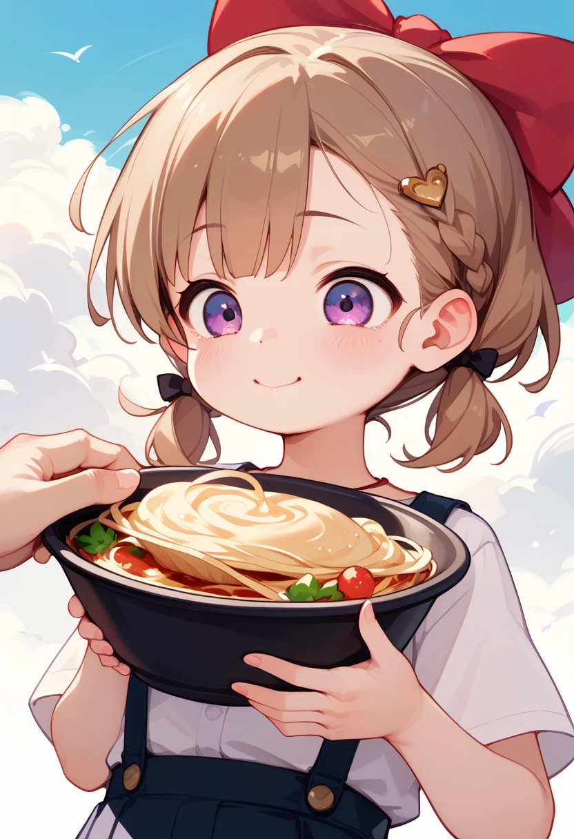 1 girl, loli, tiny, small, short stature, small breasts, I'm thin、Brown Hair、Tsugihagi no Suki 、Desperate Face、 eats a large serving of ramen、Cloudy Eyes