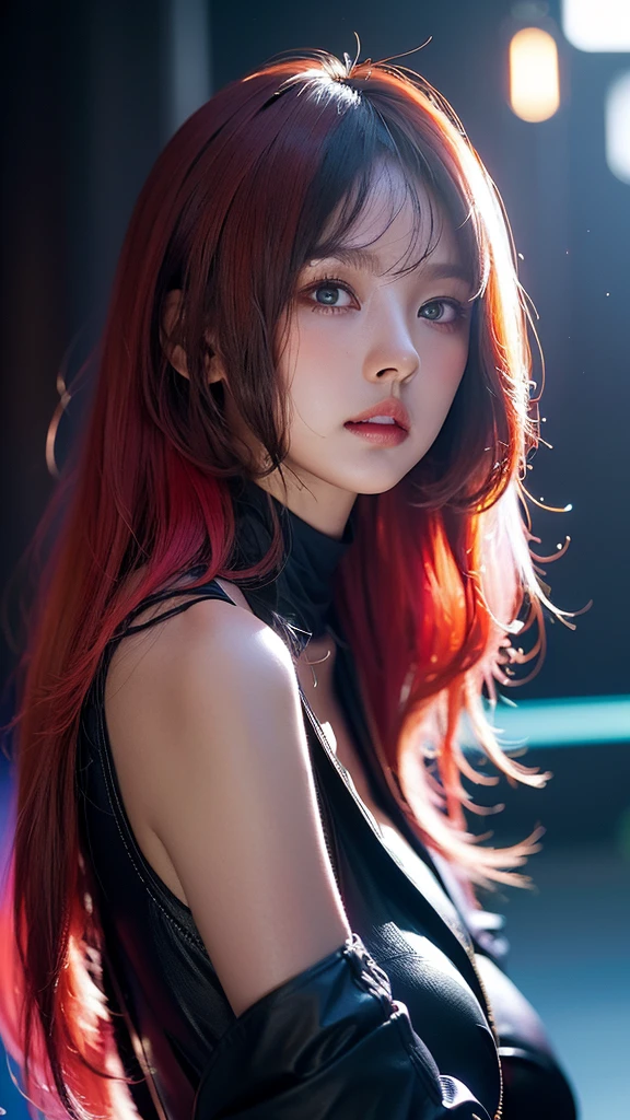 (masterpiece, highest quality, highest quality, Official Art, beautifully, aesthetic:1.2), Portrait Photography, (Cyberpunk beautiful girl 1 person), Big iridescent eyes, Beautiful skin, (Pink and blue long hair with bangs), Very detailed, (Neon colored fractal art:1.3), Perfect lighting, Sharp focus, High resolution, High resolution, High color rendering, High resolution, Super realistic,