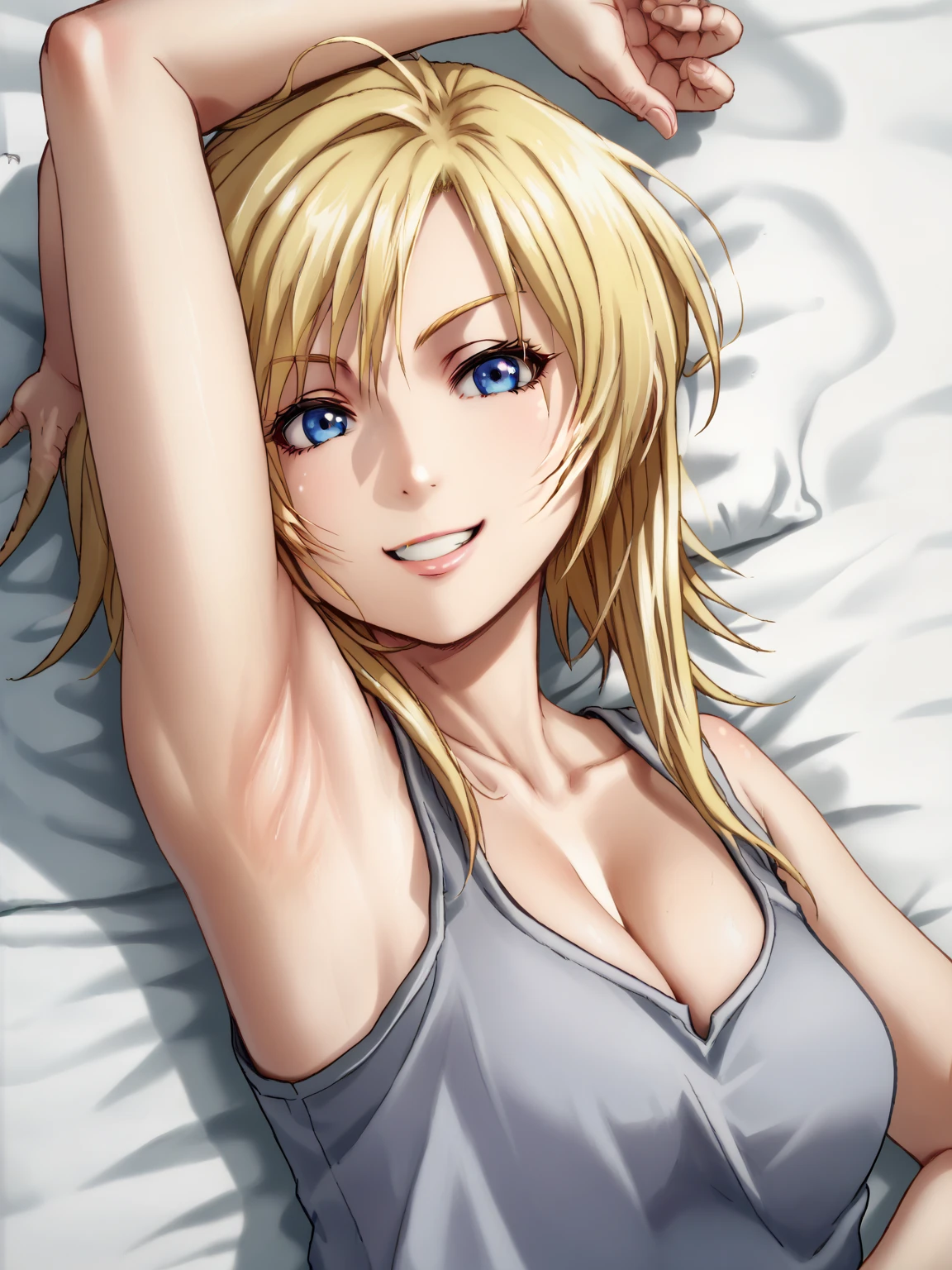 score_9, score_8_up, score_7_up, source_anime, anime screencap, 1girl, solo,aya brea,blonde hair,blue eyes, grey tanktop, cleavage, arm up, raised arm, armpit, from side, looking at viewer, head towards viewer, smile, badhandv4, lying in bed,