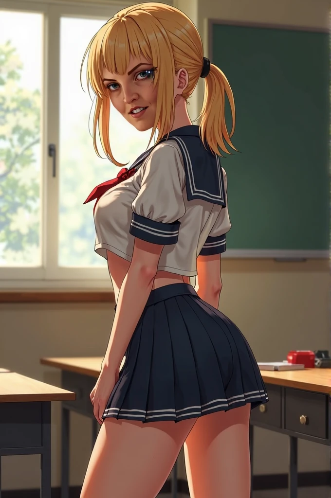 1human woman、(photorealistic quality, Fidelity 1.9, Ultra-high precision CG unified 8K wallpaper)、highest quality、ultra high resolution、Raw photo、(real skin texture:1.3)、huge 、chest、wavy blonde hair、、blonde、picture perfect face、((perfect female body))、beautiful expression、beautiful face、temptation expression、beautiful eyes、High School Uniforms、High School Cosplay、school girl uniform、、thighs、(butt、looked back、四つん這いのbuttを見せて、傾斜したbuttを見せて、上向きのbutt、大きなbuttを視聴者に向かって突き出して四つん這いになります:7.7)、on the school desk、school classroom、A big smile、cute smile、laughing、(peek inside the skirt、Show off what's inside your skirt:7.7)