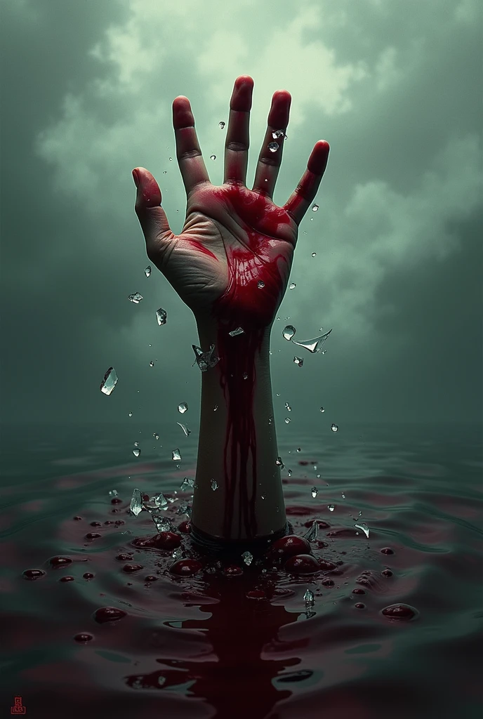 The image depicts a close-up of a woman's palm lying on a dark floor with her fingers curled inward. Blood stains are visible on both the palm and the floor, suggesting an injury or struggle. The lighting is dim, night, casting shadows that emphasize the contours of the hand and the texture of the surface.