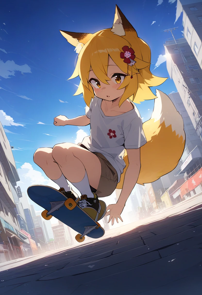 He's wearing cool skate fashion, jumping on a skateboard with a fox design against the backdrop of a street city.Cinematic angles, cinematic lighting, masterpiece, top quality , flying on a skateboard
BREAK
sen, blonde hair, animal ears, fox ears, , animal ear hair, hair ornament, fox girl, hair flower, hair between the eyes, short hair, fox tail, tail, flat chest, yellow eyes, young girl,
