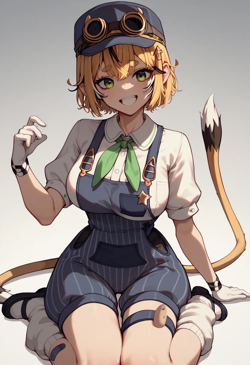 d00by3d, 1girl, blonde hair, streaked hair, hair ornament, mouse tail, slim, large breasts, narrow waist, wide hips, overalls, collared shirt, neckerchief, cabbie hat, goggles on headwear, loose socks, mary janes, bandaid on leg, gloves,
