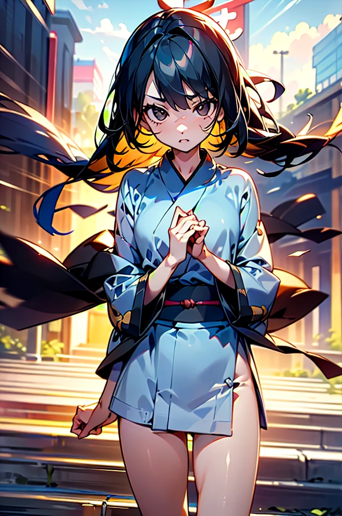 NSFW,Highest quality, Intricate details, chromatic aberration,One Girl, Black kimono with gold rimming, Hair tied in a ponytail,Black Hair,Yellow Eyes,Sword on waist,god々Shining Eyes, Full Art,Facing forward,Have a conversation,whole body,Urban area,Character portrait,The wind blows up my skirt,Expressionless,surprise,blush,Fundoshi panties,Angle from below
