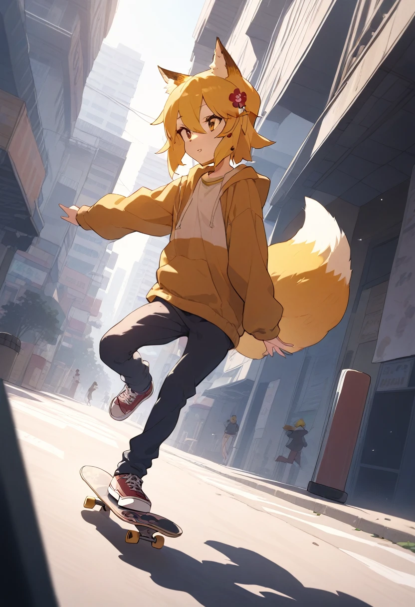 He's wearing cool skate fashion, jumping on a skateboard with a fox design against the backdrop of a street city.Cinematic angles, cinematic lighting, masterpiece, top quality , flying on a skateboard
BREAK
sen, blonde hair, animal ears, fox ears, , animal ear hair, hair ornament, fox girl, hair flower, hair between the eyes, short hair, fox tail, tail, flat chest, yellow eyes, young girl,
